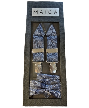 Maica SET Schleife Einstecktuch Hosenträger in blau silber Floral Ornamenten