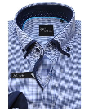 Venti Black Label Slim Fit Langarmhemd in blau weiss Minikaro