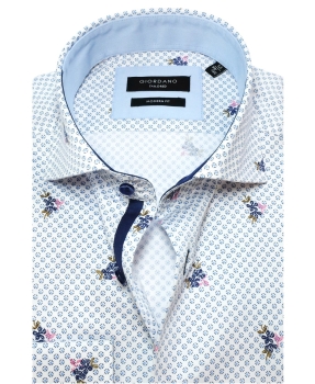 Giordano Langarmhemd Modern Fit Minidesign mit Blüten in weiss blau beere