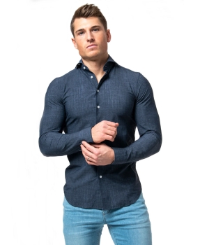 IOS Langarm Shirt Slim Fit Jersey superstretch blau melange Haikragen