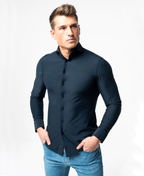 IOS Langarm Shirt Slim Fit Jersey superstretch dunkelblau Haikragen