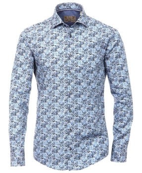 Venti Edition Slim Fit Langarmhemd in blau petrol weiss Print Münzen