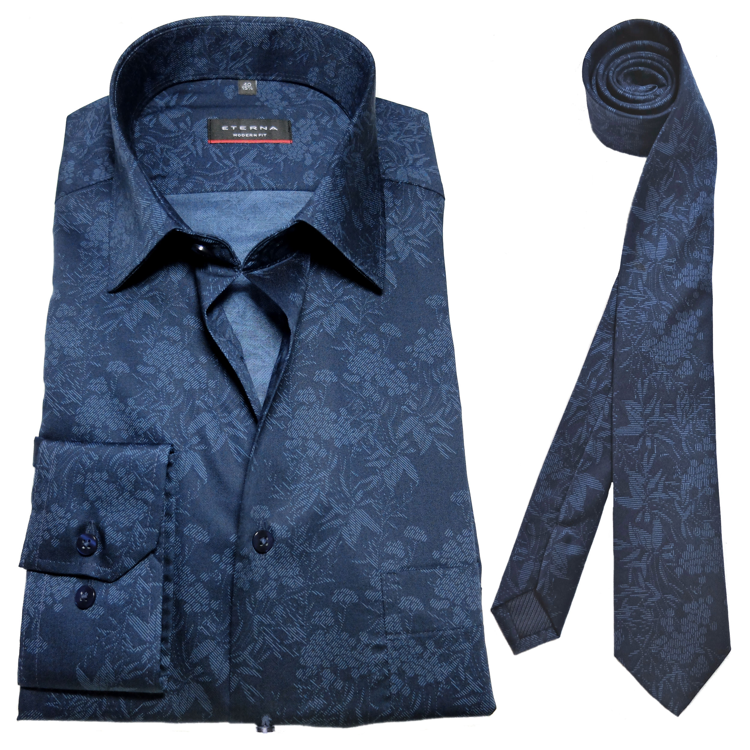 eterna Modern Fit Langarmhemd führender - Floralmotiv Herrenmode zu fairen + Hochwertige Krawatte blau Marken dunkelblau