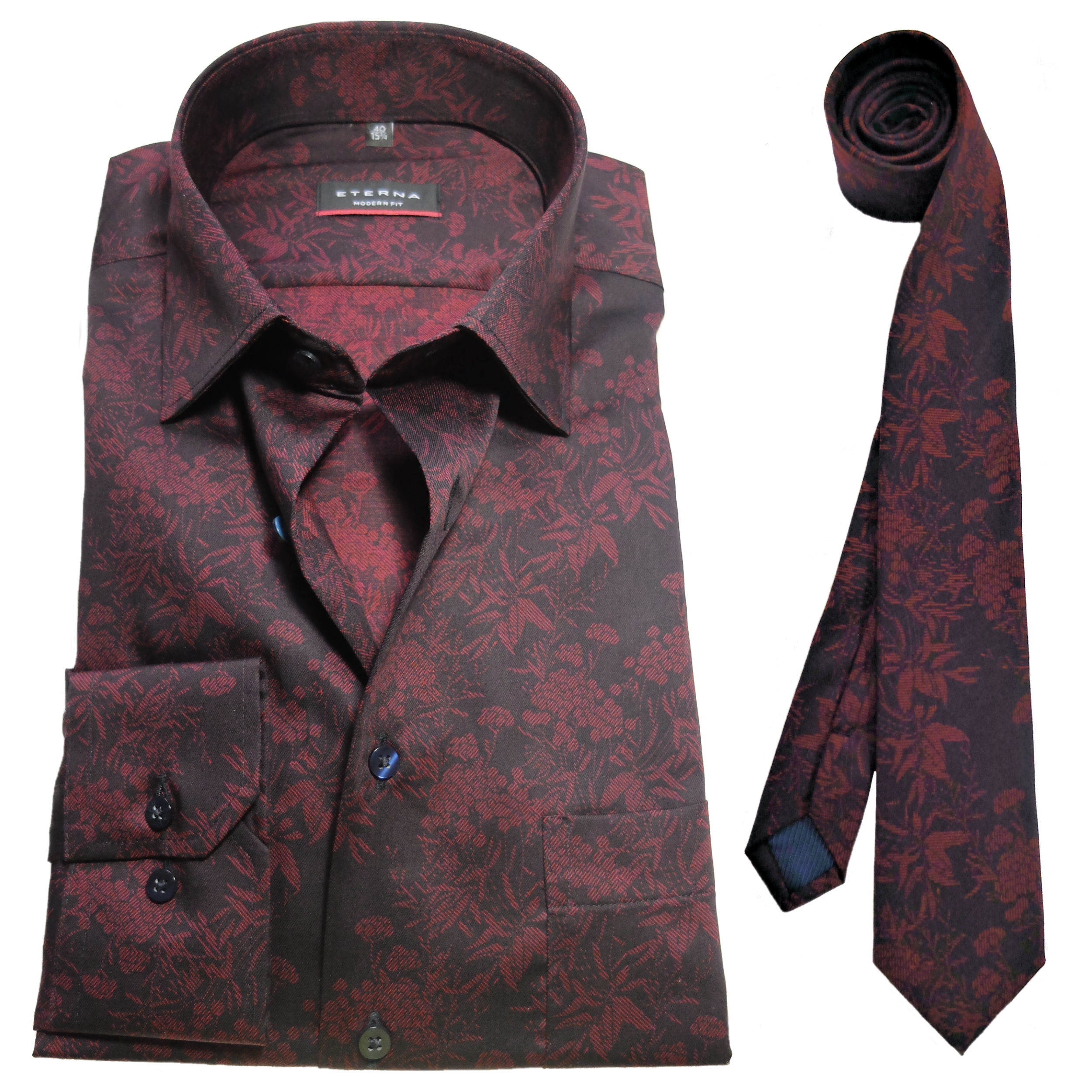 dunkelrot fairen eterna Langarmhemd Marken Herrenmode + zu Krawatte schwarz führender Floralmotiv - Modern Fit Hochwertige