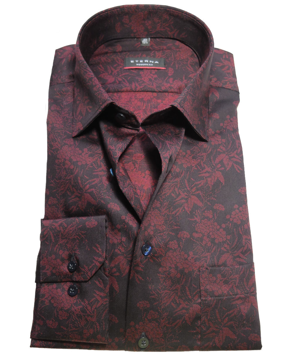 eterna Modern Fit Langarmhemd - Hochwertige Herrenmode Floralmotiv dunkelrot führender Marken + schwarz fairen Krawatte zu