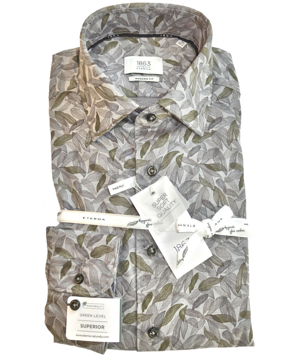 eterna Premium 1863 fairen Modern Langarmhemd Herrenmode - Hochwertige grau Marken führender oliv Blätter zu Print Fit