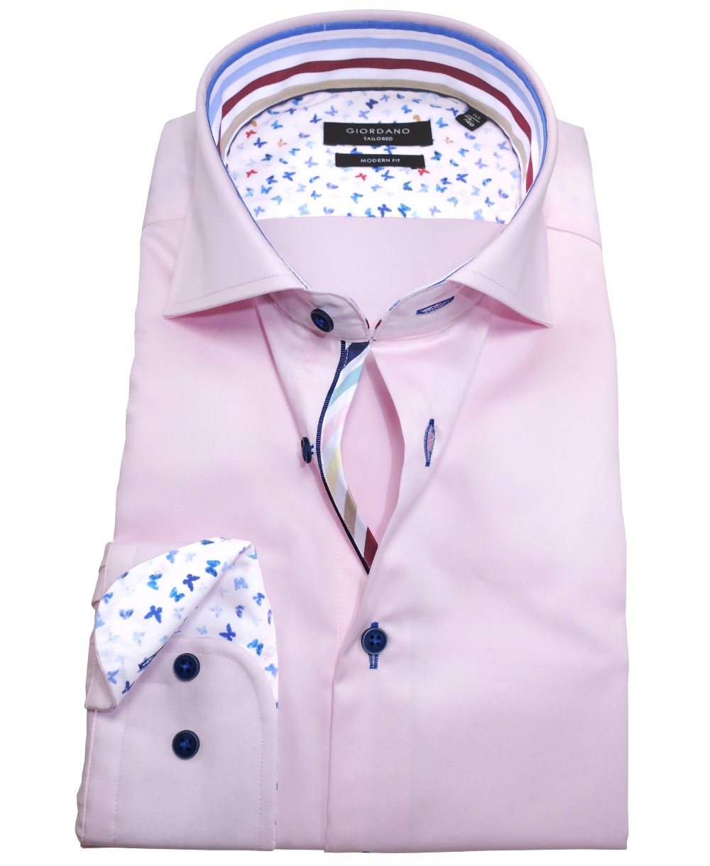 Giordano Langarmhemd Modern - Marken weiss fairen Herrenmode führender Hochwertige mit rosa zu Patches Fit bunten