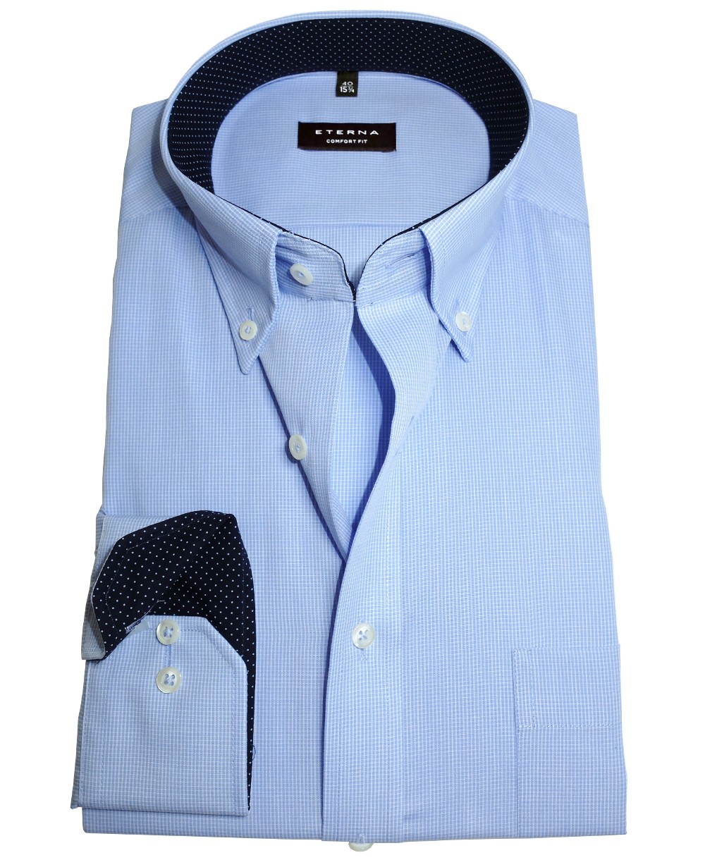 eterna Comfort Fit Business führender - hellblau Herrenmode Langarmhemd zu fairen Hochwertige Gitterkaro in Marken Patches