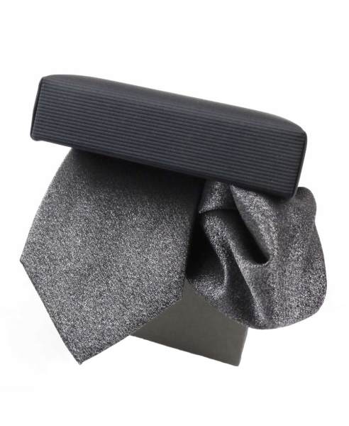 Maica SET Krawatte & Einstecktuch Seide silber schwarz changierend in Geschenkbox