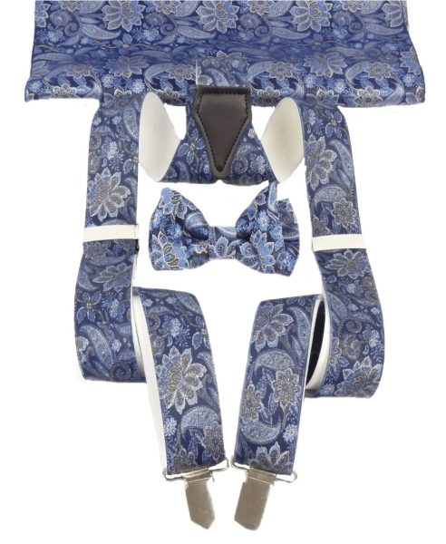 Maica SET Schleife Einstecktuch Hosenträger in blau silber Floral Ornamenten