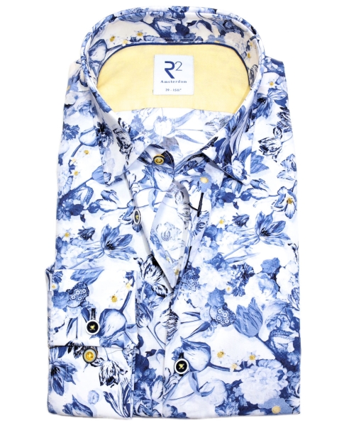 R2 Amsterdam Langarmhemd weiss blau gelb Floral Print