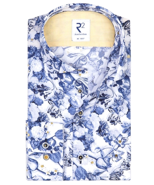 R2 Amsterdam Langarmhemd weiss blau gelb Floral Print