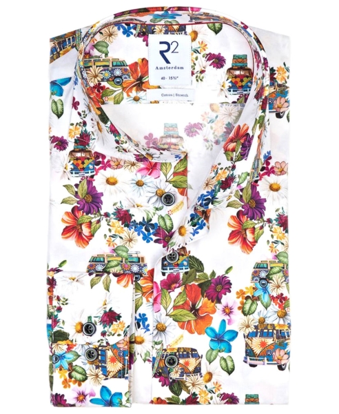 R2 Amsterdam Langarmhemd Stretch weiss multicolor Flower Auto Print