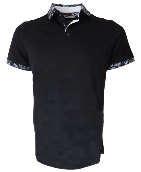 Lorenzoni Poloshirt in schwarz mit floralem Print Kragen und Knopfleiste