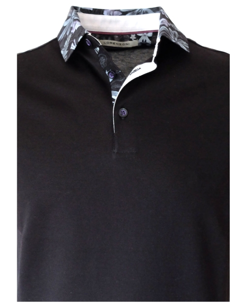 Lorenzoni Poloshirt in schwarz mit floralem Print Kragen und Knopfleiste