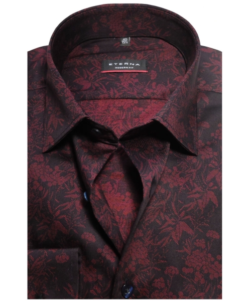 eterna Modern Fit schwarz führender Herrenmode Langarmhemd Krawatte - Marken Floralmotiv zu Hochwertige + dunkelrot fairen