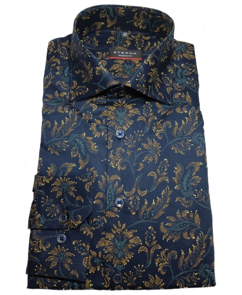 eterna Modern Fit Langarmhemd dunkelblau petrol braun Print Paisleys