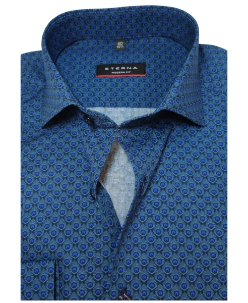 eterna Modern Fit Langarmhemd dunkelblau royalblau Print Pfauenauge