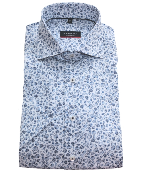 eterna Modern Fit Kurzarmhemd weiss blau Print Meeresmotiv