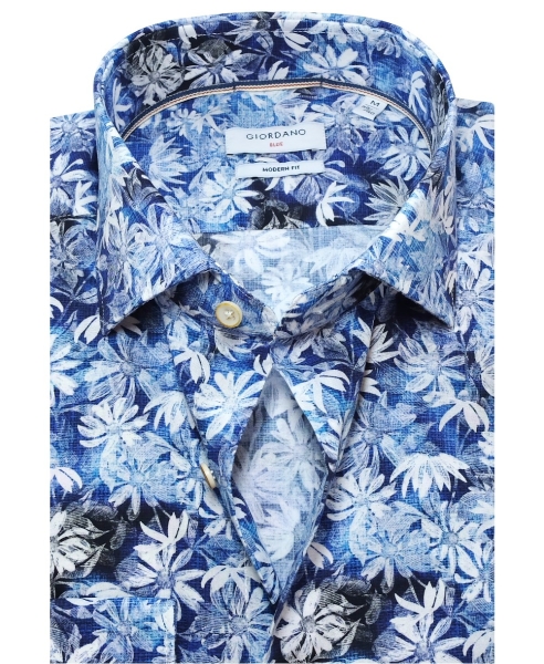 Giordano Langarmhemd Modern Fit blau mit floralem Print