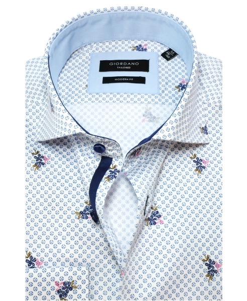 Giordano Langarmhemd Modern Fit Minidesign mit Blüten in weiss blau beere