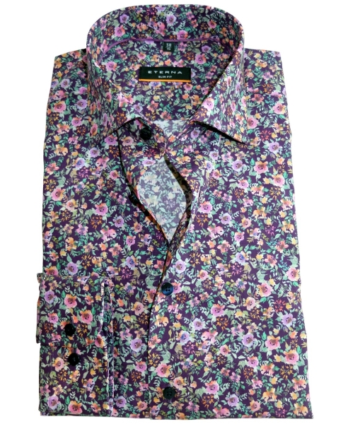 eterna Slim Fit Langarmhemd lila dunt Floralprint