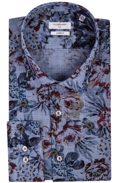 Giordano Langarmhemd Modern Fit blau Minikaro Floraldruck