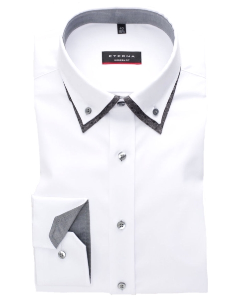 eterna Modern Fit Langarmhemd weiss mit doppeltem Button-Down und Patches