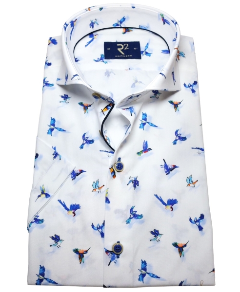 R2 Amsterdam Kurzarmhemd Modern Fit weiss blau Kolibri Print