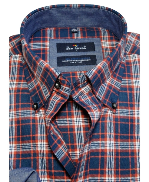 Ben Green Langarmhemd Flanell in dunkelblau weiss rot Karo