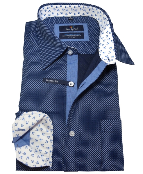 Ben Green Langarmhemd Modern Fit blau Minimuster mit Patches