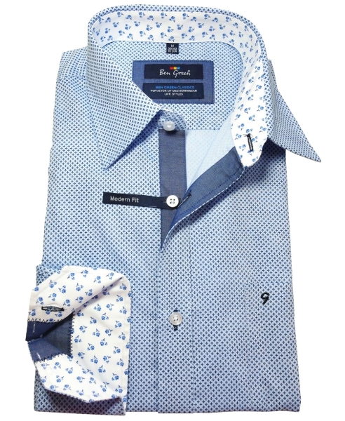 Ben Green Langarmhemd Modern Fit hellblau blau Minidesign mit Patches