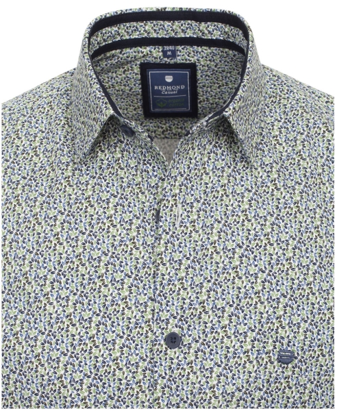 REDMOND Langarmhemd weiss grün blau Print Blätter Casual Modern Fit Organic Cotton