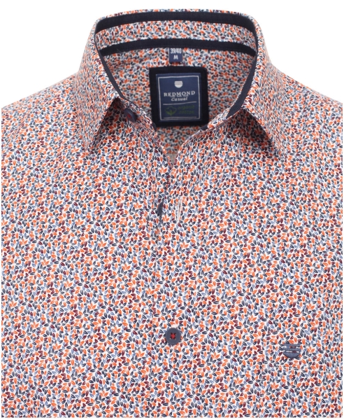 REDMOND Langarmhemd weiss rot blau Print Blätter Casual Comfort Fit Organic Cotton